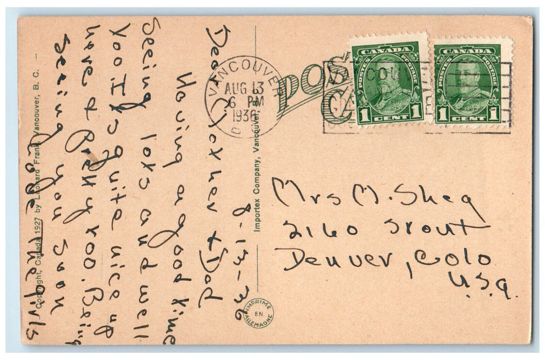 1936 Capilano River and Lions British Columbia Canada Vintage Posted Postcard