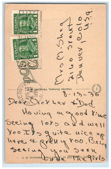 1936 Capilano River and Lions British Columbia Canada Vintage Posted Postcard