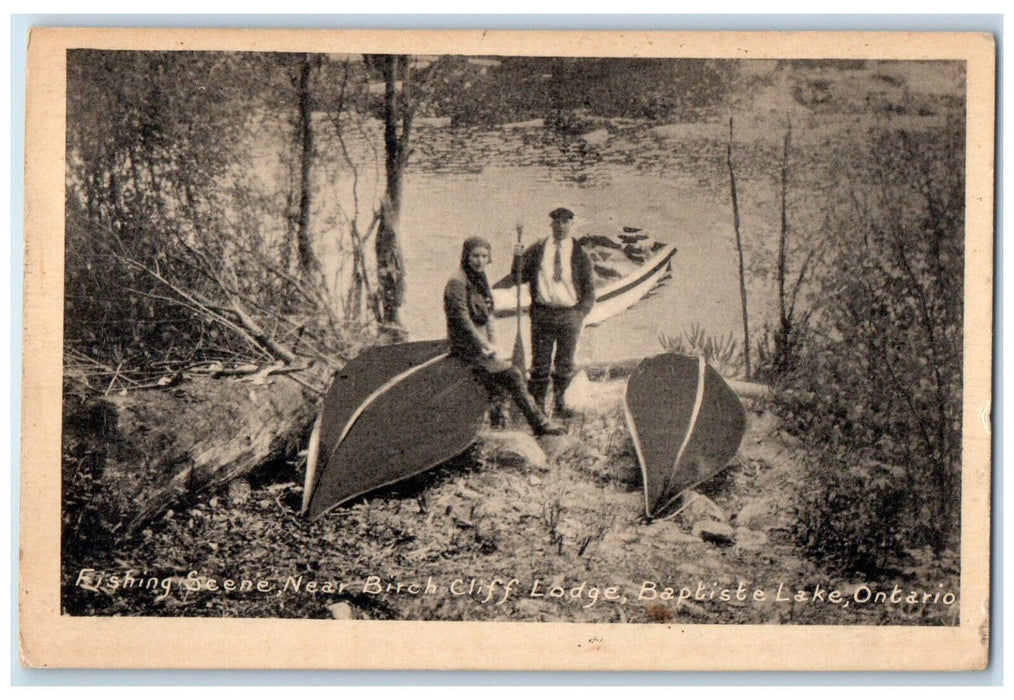 1941 Fishing Scene Near Birch Cliff Lodge Baptiste Lake Ontario Canada Postcard