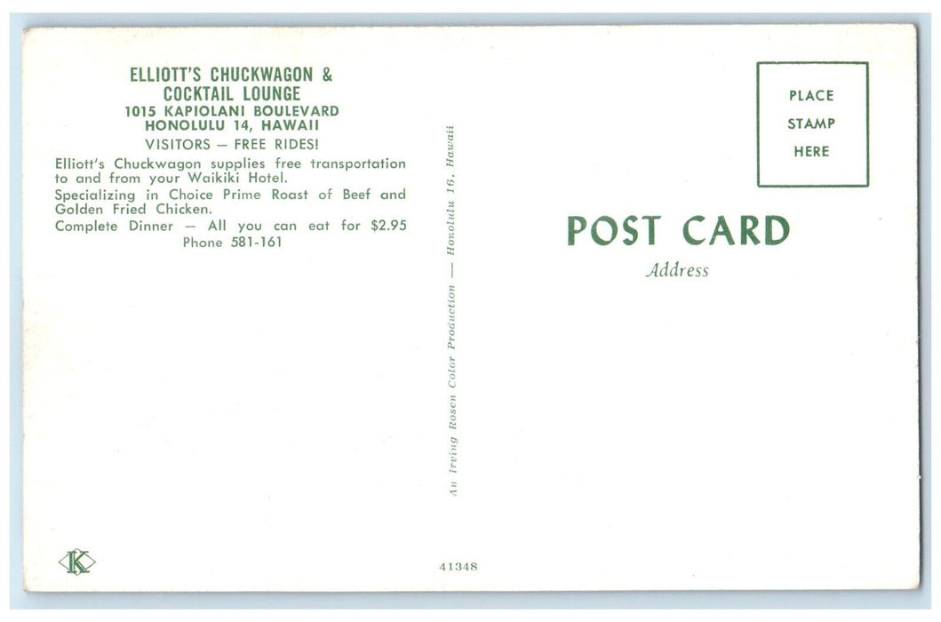 c1960 Elliotts Chuckwagon Cocktail Lounge Kapiolani Honolulu Hawaii HI Postcard