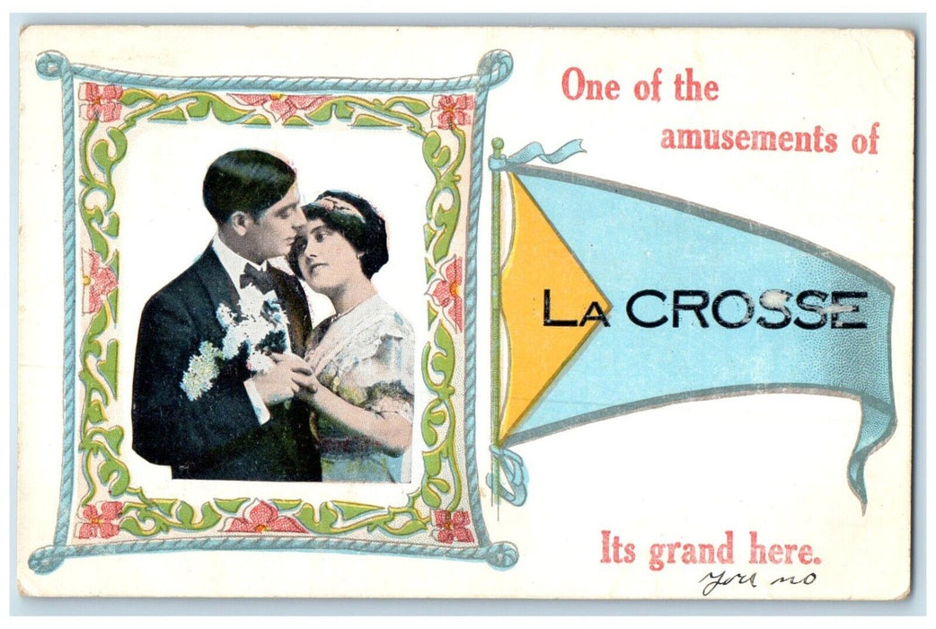 1915 One Amusements Pennant Lovers Wedding La Crosse Kansas KS Vintage Postcard