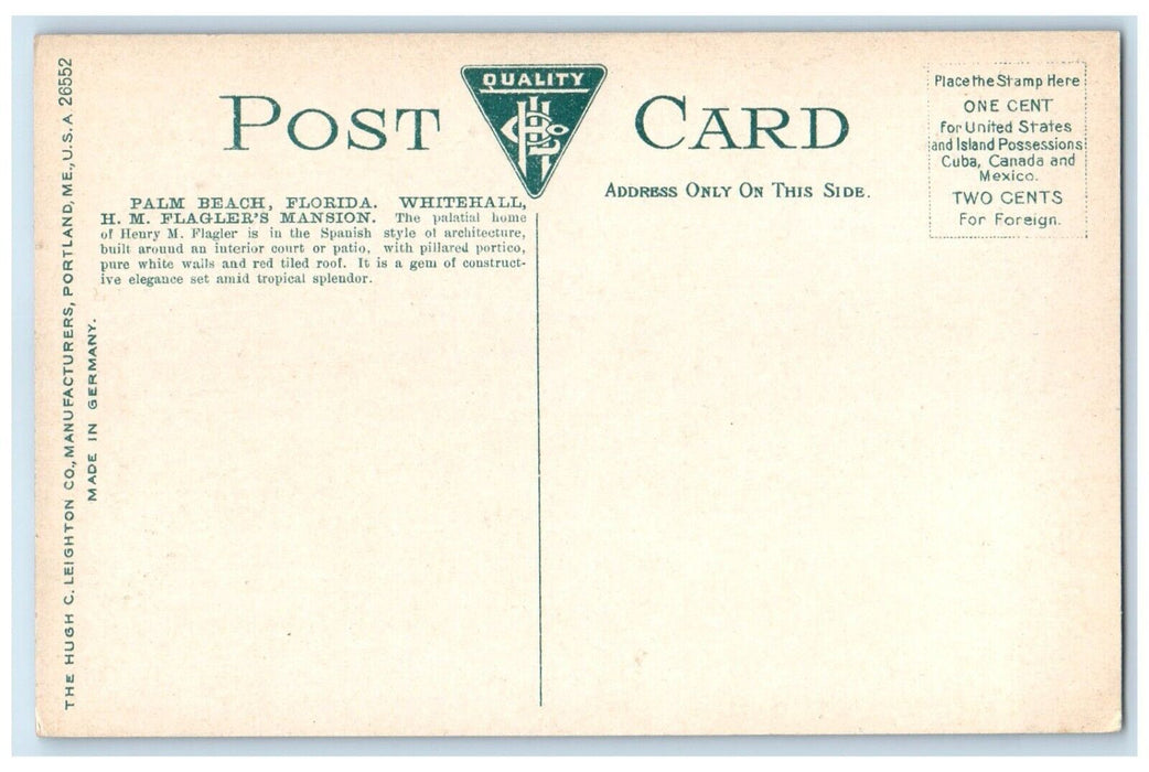 1910 Exterior View Whitehall H.M Flaglers Mansion Palm Beach Florida FL Postcard