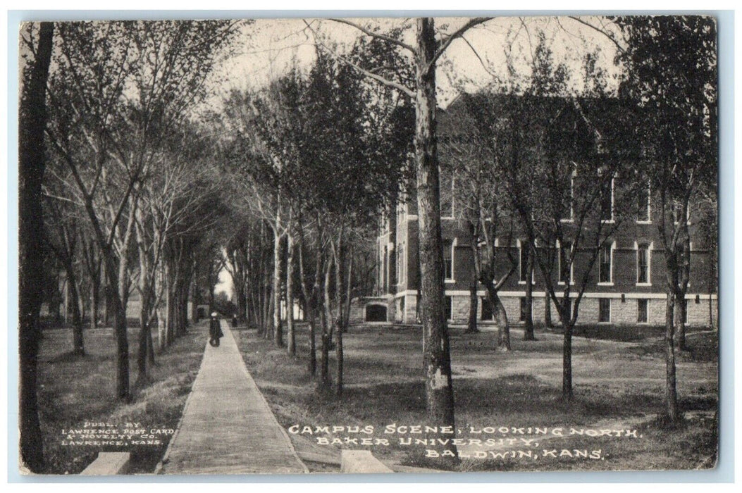 c1910 Campus Scene Looking North Baker University Path Baldwin Kansas Postcard