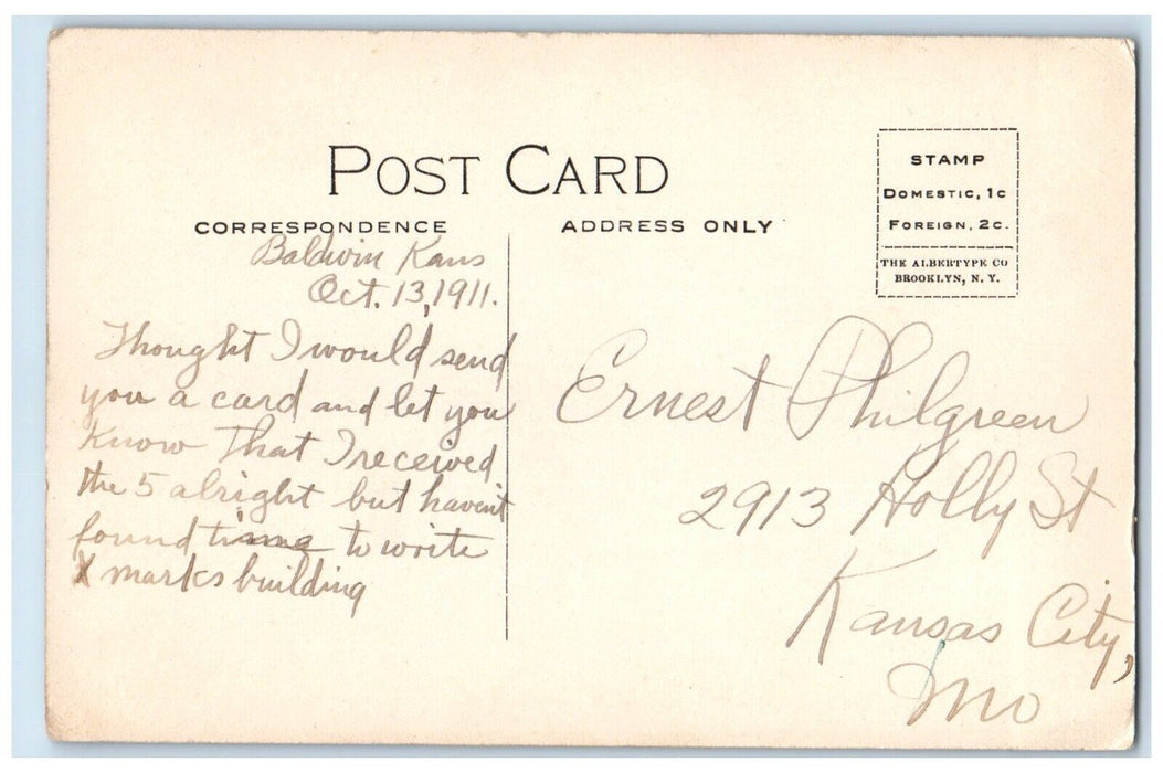 c1910 Campus Scene Looking North Baker University Path Baldwin Kansas Postcard