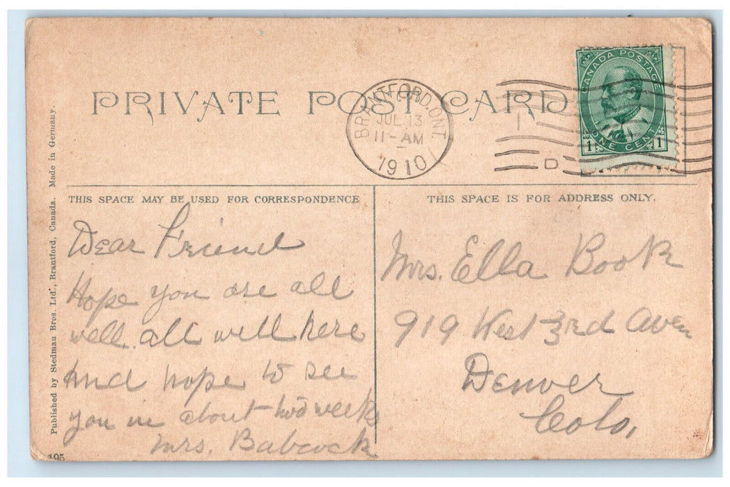 1910 Brant's Monument Brantford Ontario Canada Posted Antique Postcard