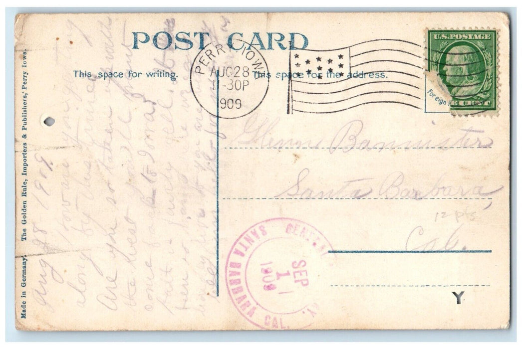 1909 High School Exterior Building Perry Iowa Santa Barbara California Postcard