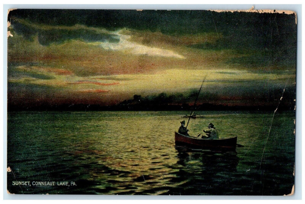 1908 Sunset Conneaut Lake Exposition Pennsylvania PA, Boat View Antique Postcard