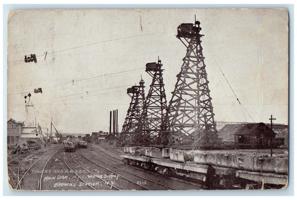1911 Towers Railroad Yard Main Dam Water Supply Browns Station New York Postcard