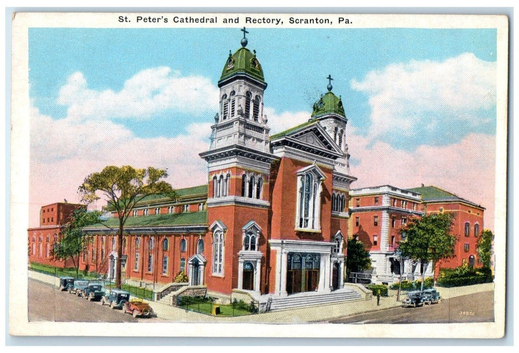 c1930's St. Peter's Cathedral And Rectory Cars Scranton Pennsylvania PA Postcard