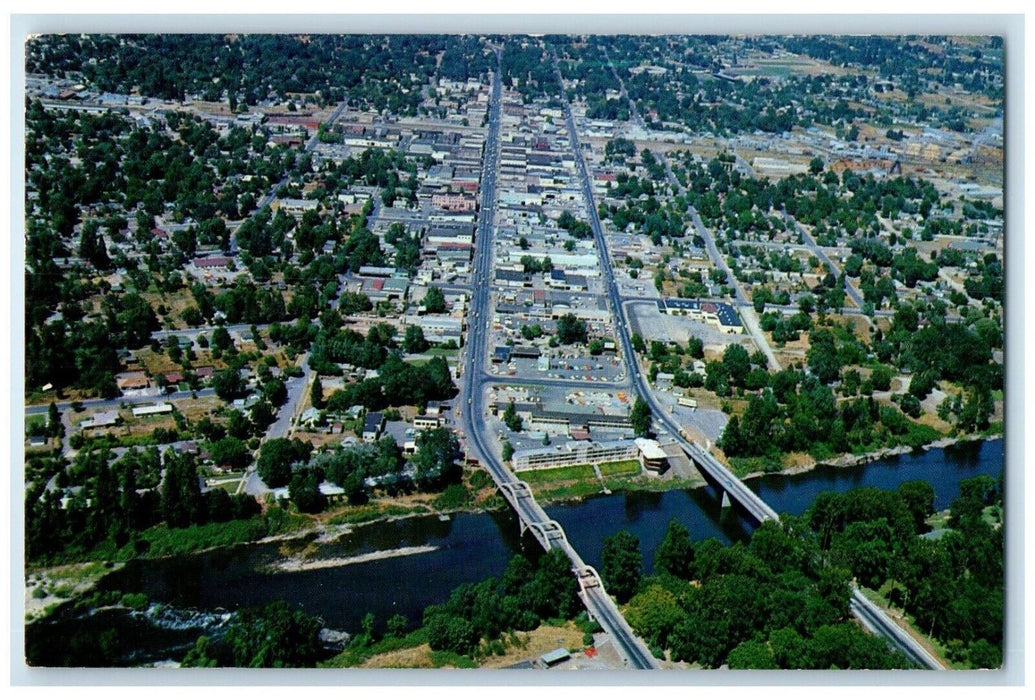 c1960 Birds Eye View Kagi Buildings River Trees Grants Pass Oregon OR Postcard