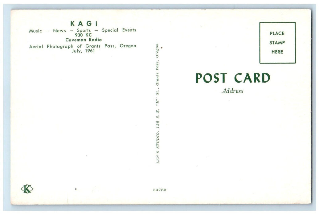 c1960 Birds Eye View Kagi Buildings River Trees Grants Pass Oregon OR Postcard