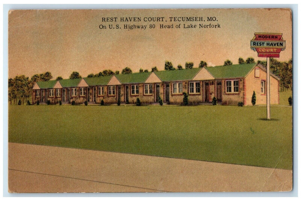 1957 Rest Haven Court Motel Roadside Tecumseh Missouri MO Vintage Postcard