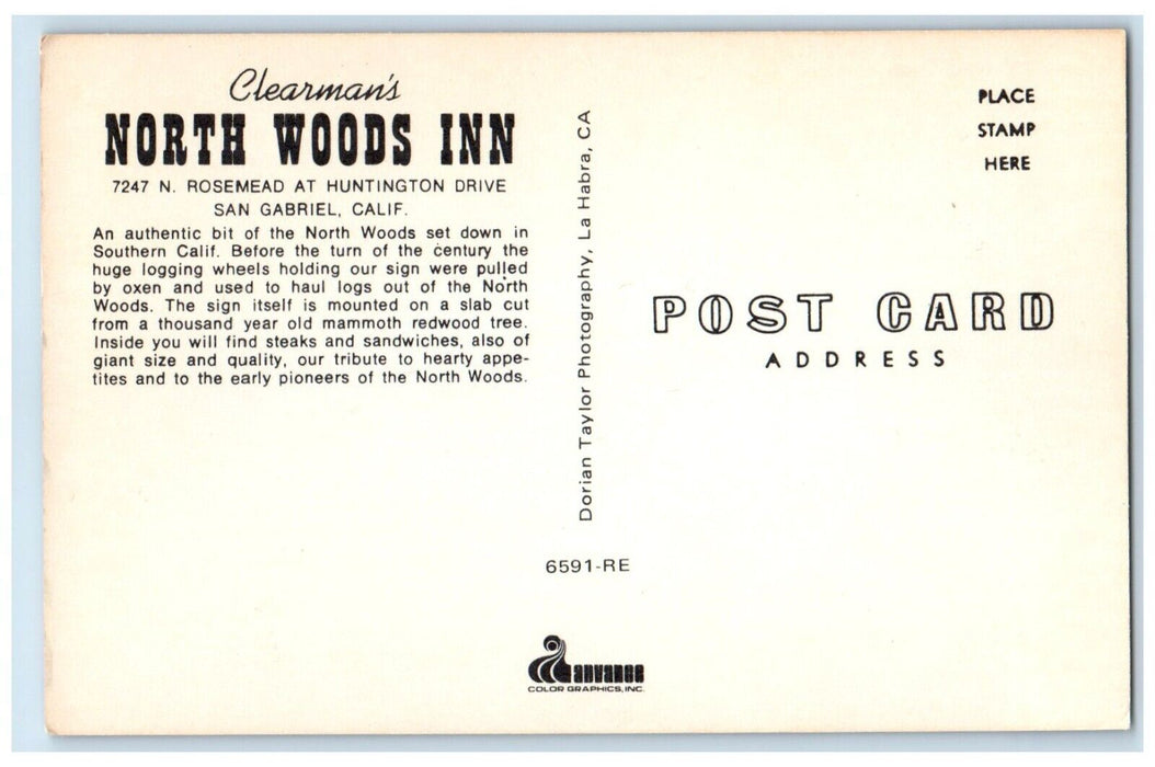 1960 Interior View Clearman's North Woods Inn Restaurant San Gabriel CA Postcard