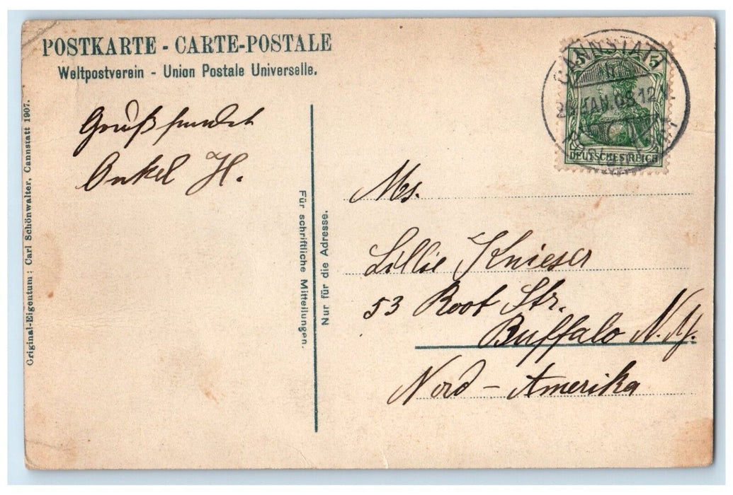 c1910's View Of Waterfall Horse Statue Cannstatt Kursaal Posted Antique Postcard