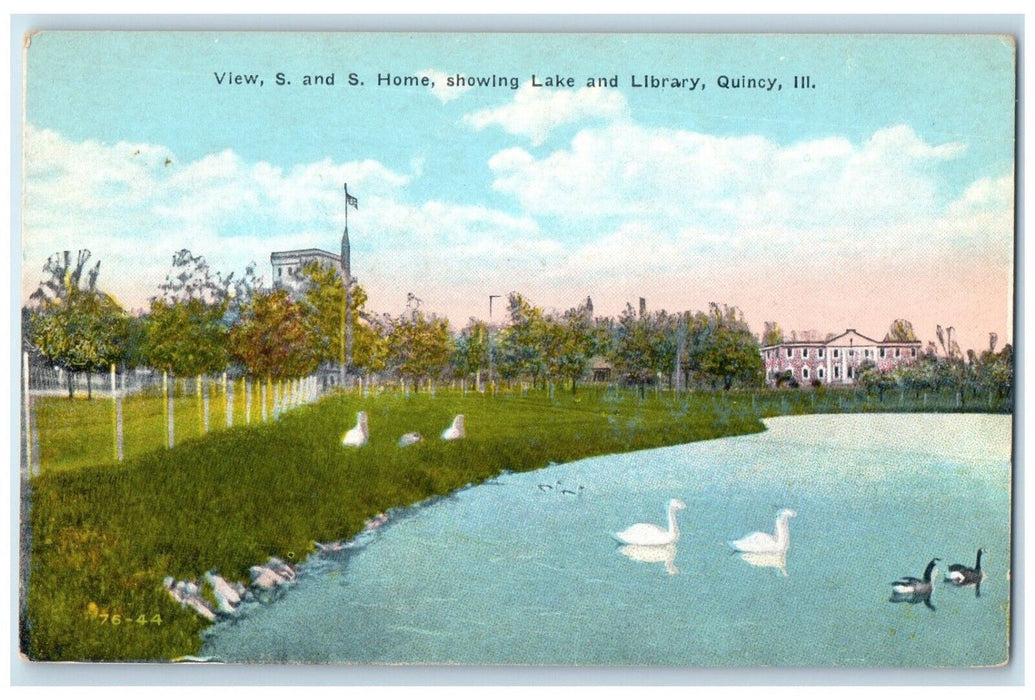 c1930's View S And S Home Showing Lake And Library Quincy Illinois IL Postcard