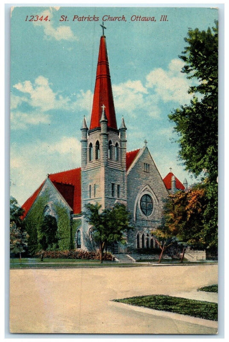 c1910's St. Patrick's Church Scene Street Ottawa Illinois IL Antique Postcard