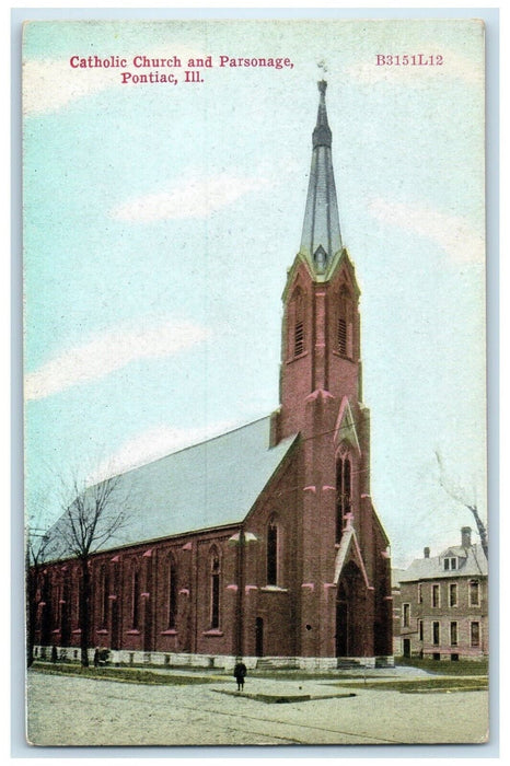 c1910's Catholic Church And Parsonage Pontiac Illinois IL Antique Postcard