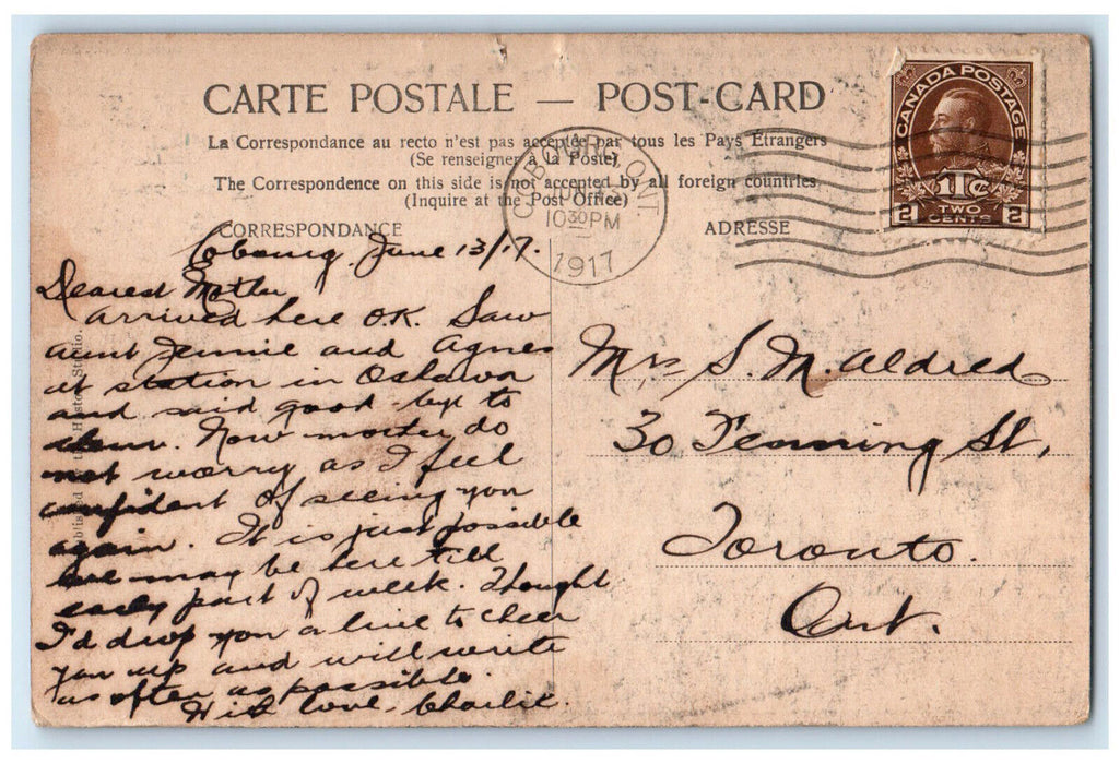 1917 King Street Looking West Cobourg Ontario Canada Posted Antique Postcard