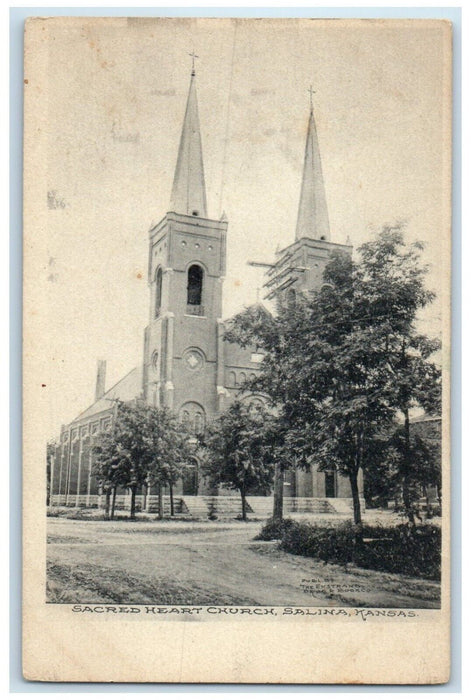 c1905 Sacred Heart Church Scene Street Dirt Road Salina Kansas KS Postcard