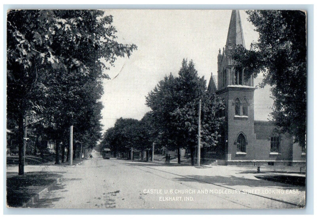 1909 Castle U B Church Middlebury Street Looking East Elkhart Indiana Postcard