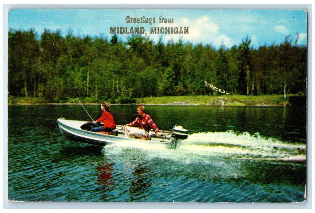 1977 Greetings From Midland Michigan MI, Fishing Boat Vintage Postcard