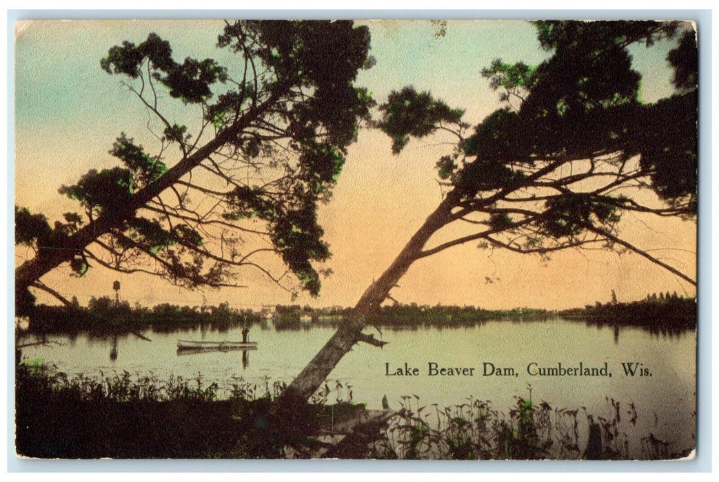 c1910's View Of Lake Beaver Dam Cumberland Wisconsin WI, Boat Antique Postcard