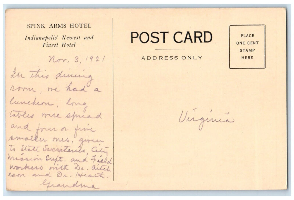 1921 Spink Arms Private Dining Room Hotel Indianapolis Indiana Unposted Postcard