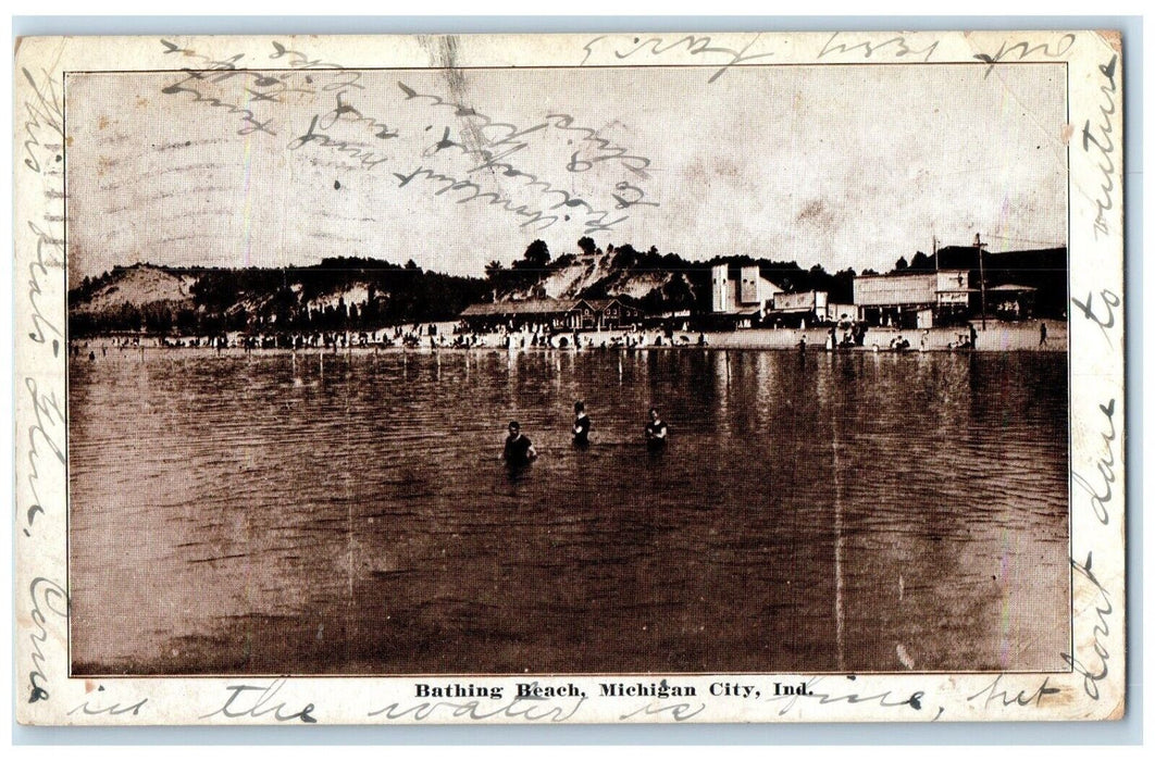 c1910 Bathing Beach Swimming Michigan City Indiana IN Vintage Antique Postcard