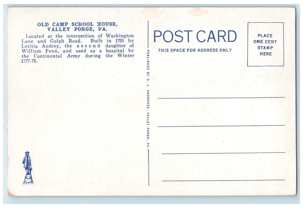 c1940 Old Camp School House Washington Valley Valley Forge Pennsylvania Postcard