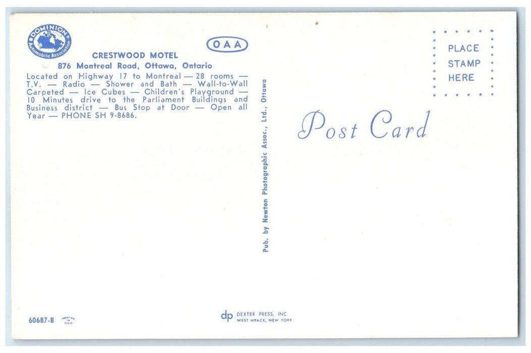 c1960's Crestwood Motel Restaurant Roadside Ottawa Ontario Canada Postcard