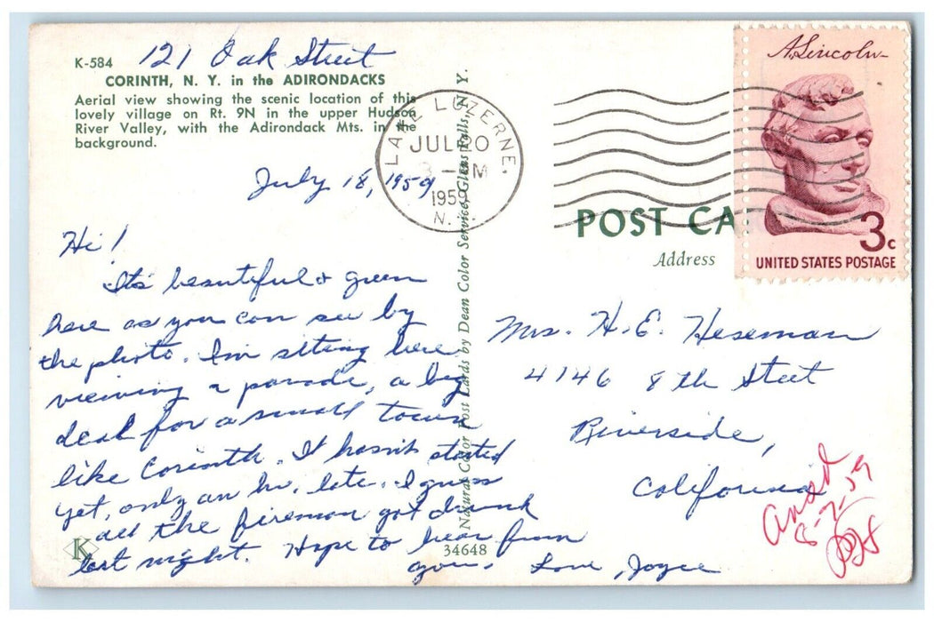 1959 Aerial View Adirondack Mountain Lovely Village Corinth New York NY Postcard