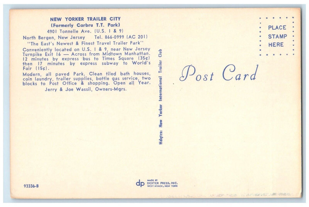 c1960 New Yorker Formerly Carbru T.T. Park Trailer City North Bergen NJ Postcard