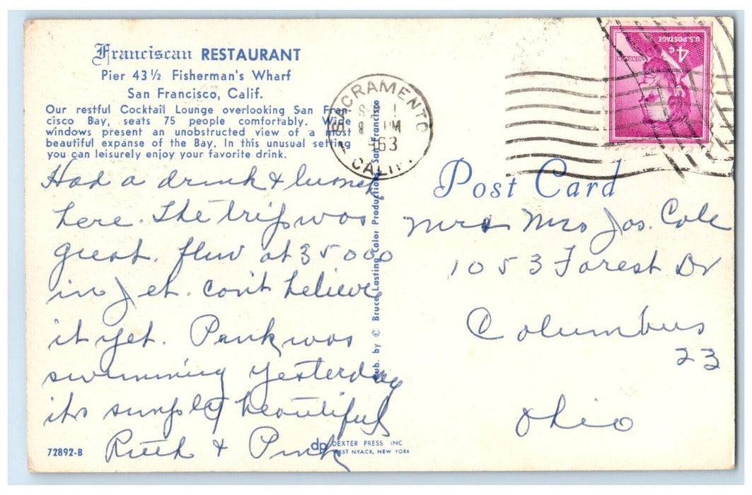 1963 Franciscan Restaurant Dining Room San Francisco California CA Postcard