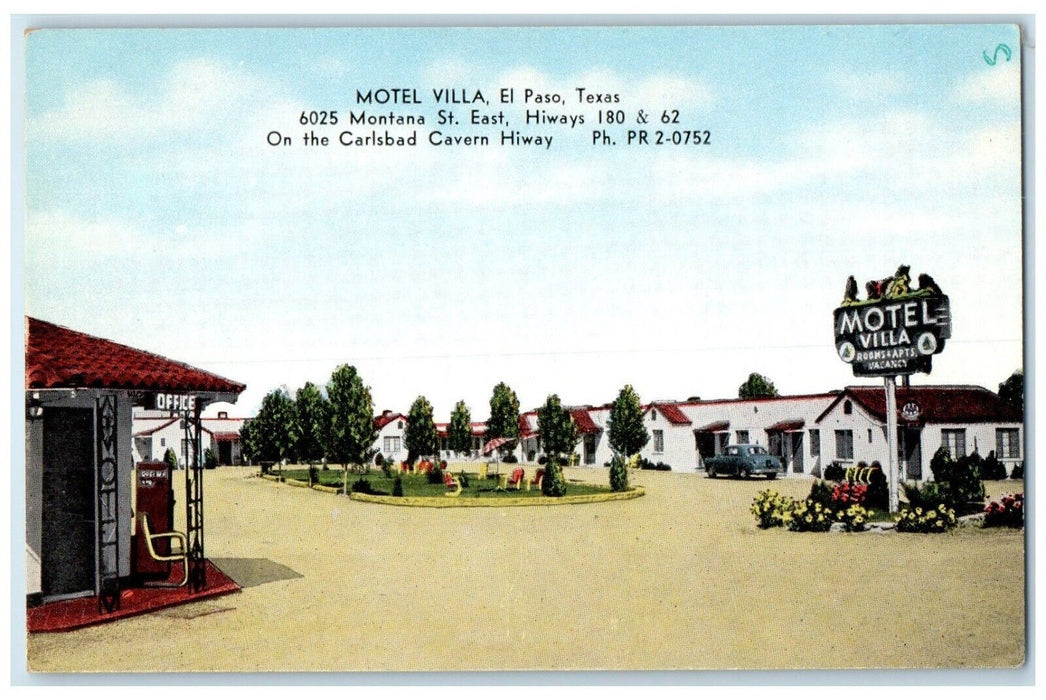 c1960's Motel Villa El Paso Texas TX, Car Scene Flowers Office Vintage Postcard