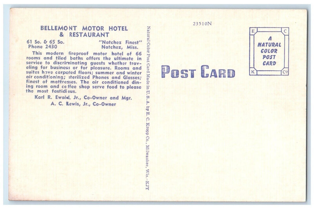 c1930's Bellemont Motor Hotel & Restaurant Natchez Mississippi MS Postcard