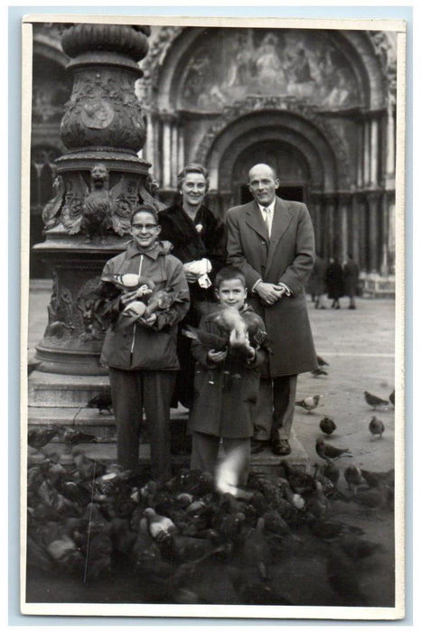 1959 Family Pigeons Man Woman Child Venice Capodanno Italy RPPC Photo Postcard