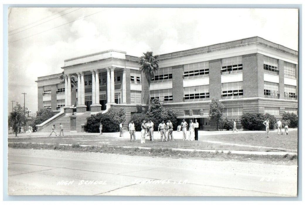 c1940's High School Building Students View Jennings LA RPPC Photo Postcard