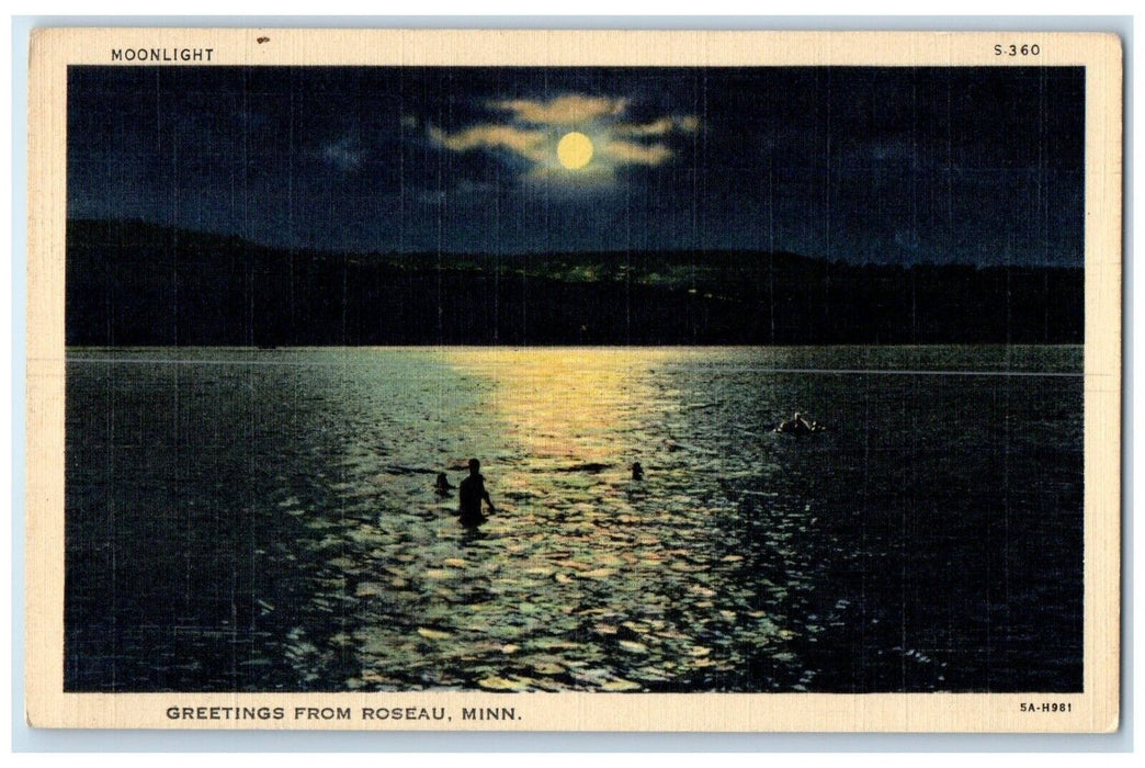 c1930's Greetings From Roseau Minnesota MN Moonlight View Vintage Postcard