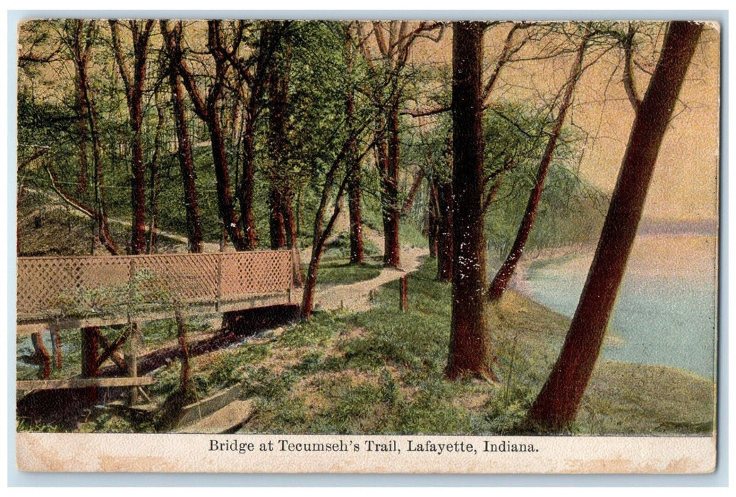 1912 Bridge Tecumseh's Trail River Lake Trees Lafayette Indiana Vintage Postcard