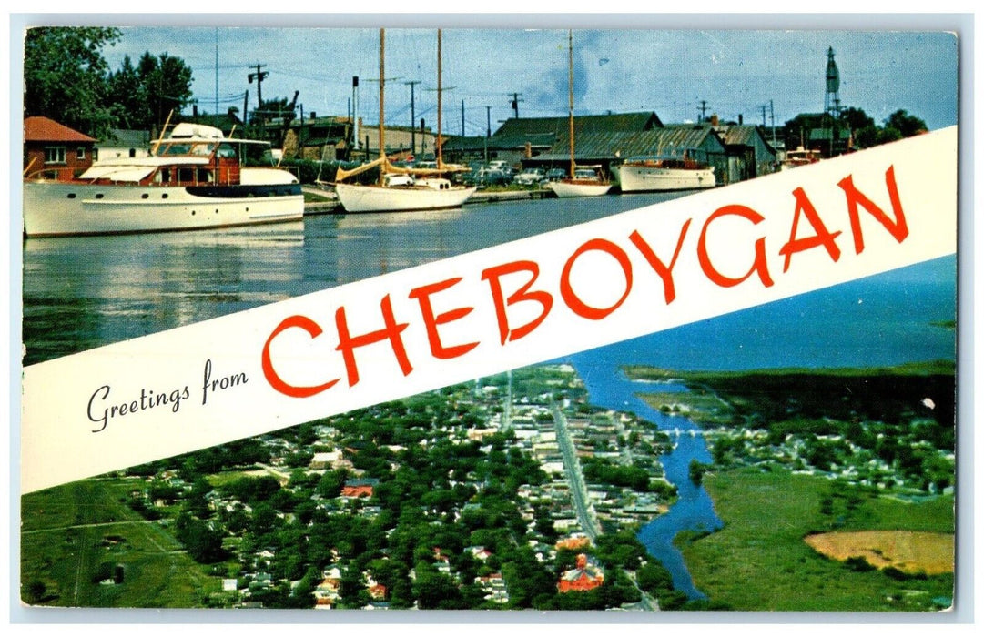 c1950's Greetings From Cheboygan Michigan MI, Banner Dual View Vintage Postcard