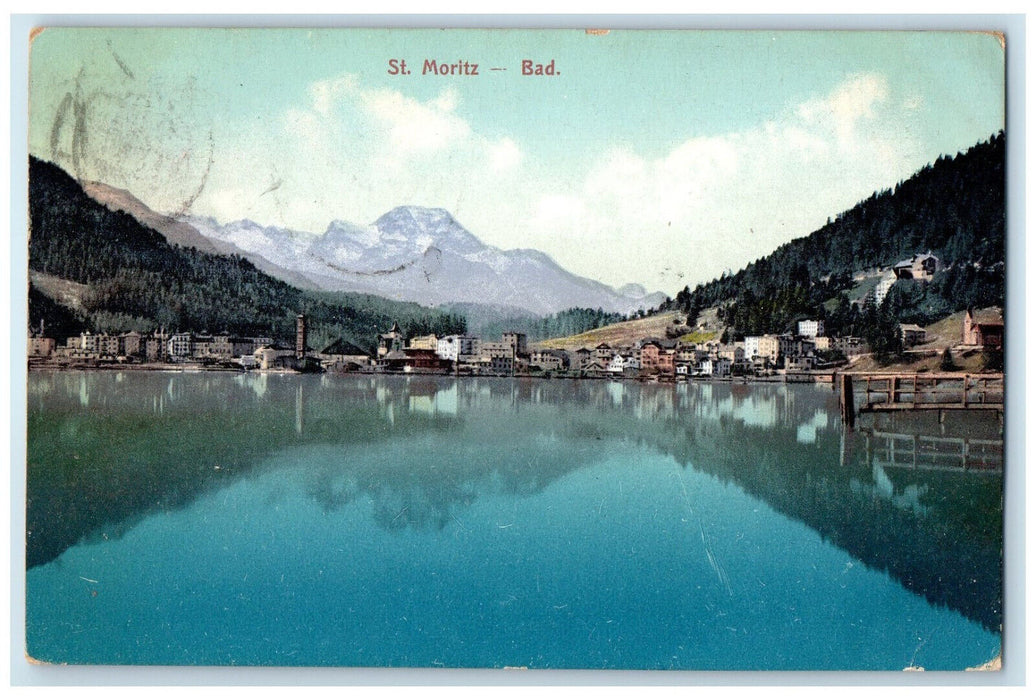 c1910 River Buildings Mountain View St. Moritz Bad Switzerland Postcard