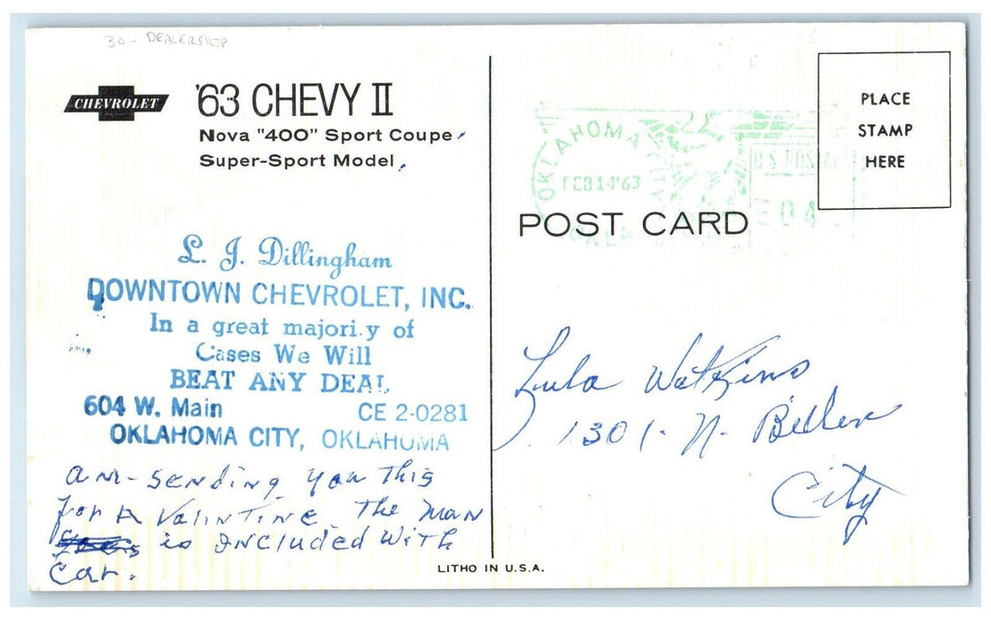 1963 Chevy 11 Nova 400 Super Sport Model Dealership Oklahoma City OK Postcard