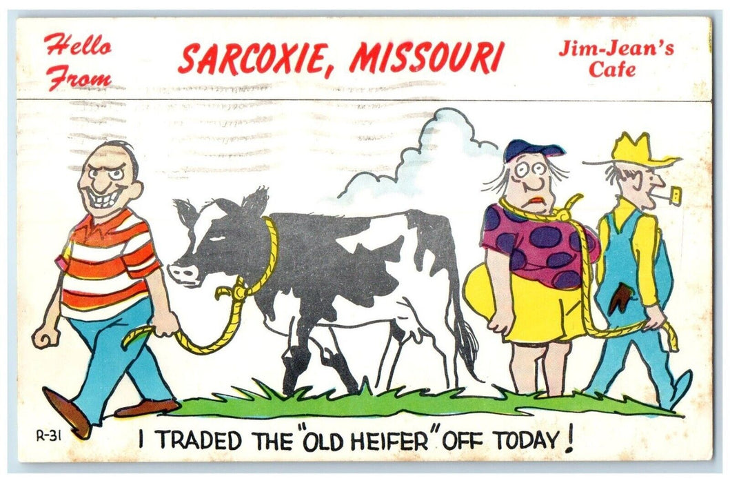 1963 Hello Sarcoxie I Traded Old Heifer Off Today Missouri MO Laff Gram Postcard