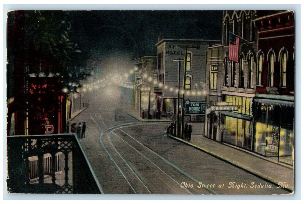 c1910 Ohio Street Night Railroad Buildings Sedalia Missouri MO Vintage Postcard