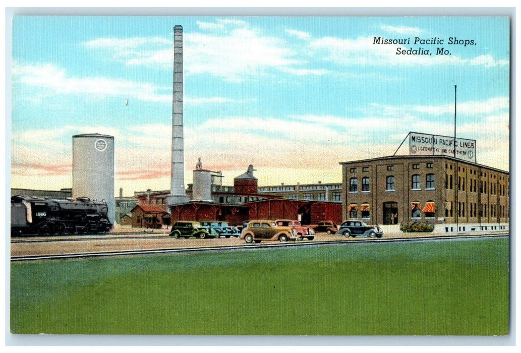 c1940 Missouri Pacific Shops Building Classic Cars Sedalia Missouri MO Postcard