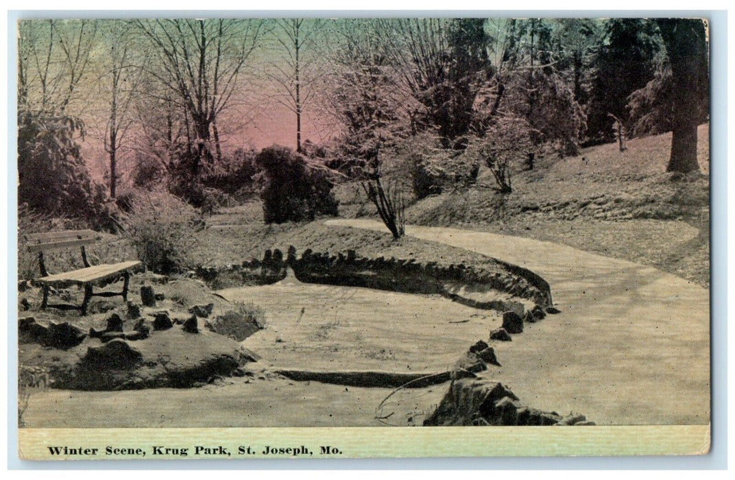 1912 Winter Scene Bench Krug Park St Joseph Missouri MO Antique Vintage Postcard