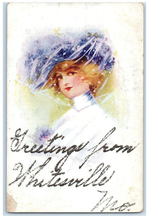 1905 Greetings From Whitesville Missouri Glitter Woman Vintage Unposted Postcard