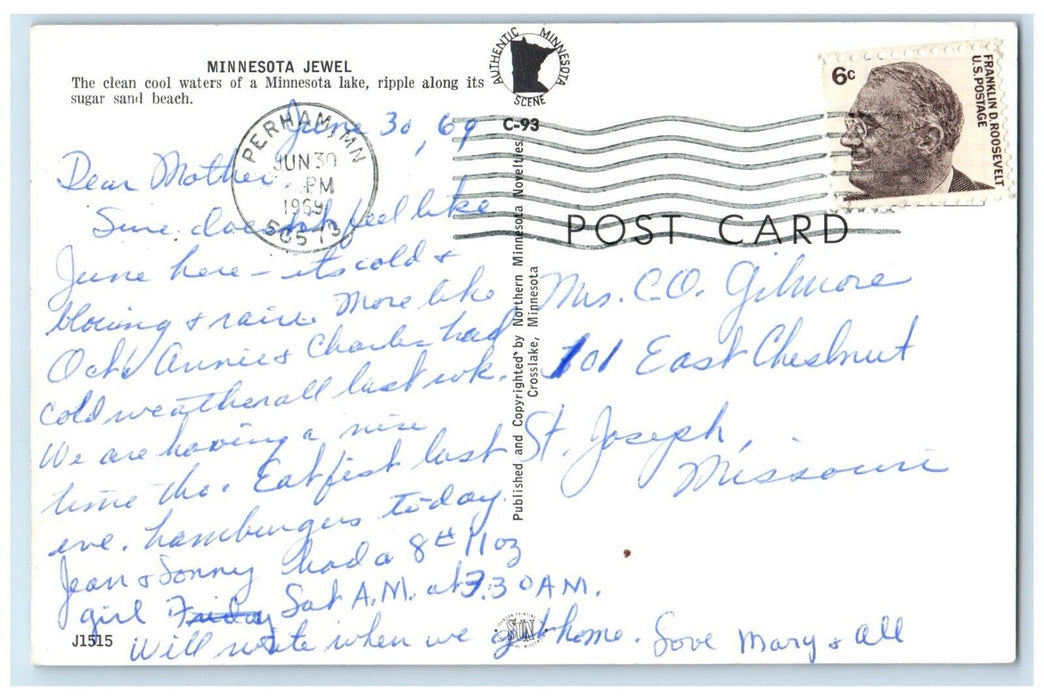 1969 Minnesota Jewel Lake Ripple Along Its Sugar Sand Beach Perham MN Postcard