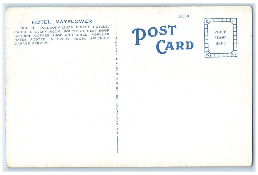 c1930's Hotel Mayflower Building Cars Stores Jacksonville Florida FL Postcard