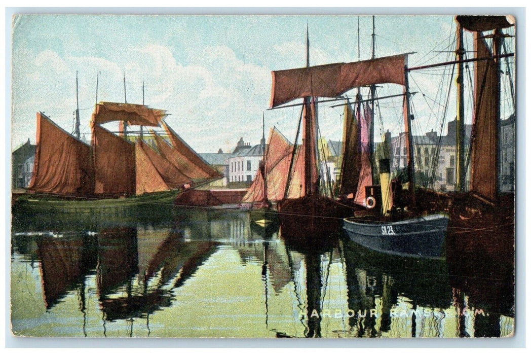 c1910's Harbor Ramsey Isle of Man United Kingdom UK, Schooner Boat Postcard